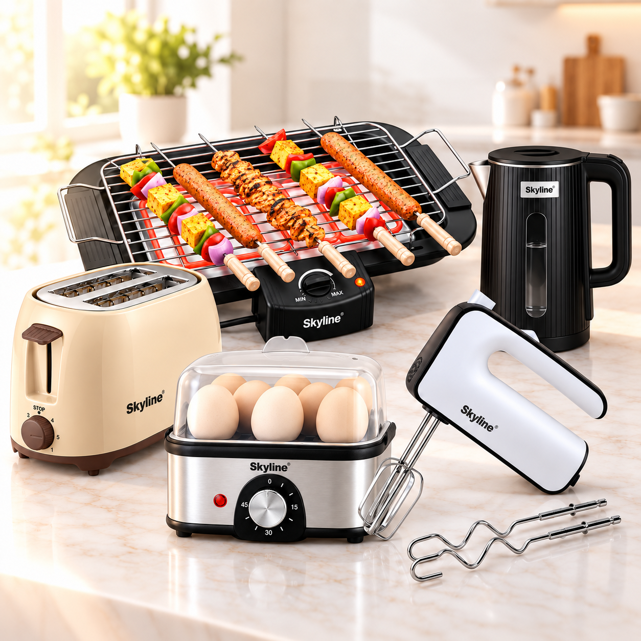 Skyline kitchen appliances: electric barbecue grill, kettle, toaster, egg boiler and hand mixer on a kitchen counter